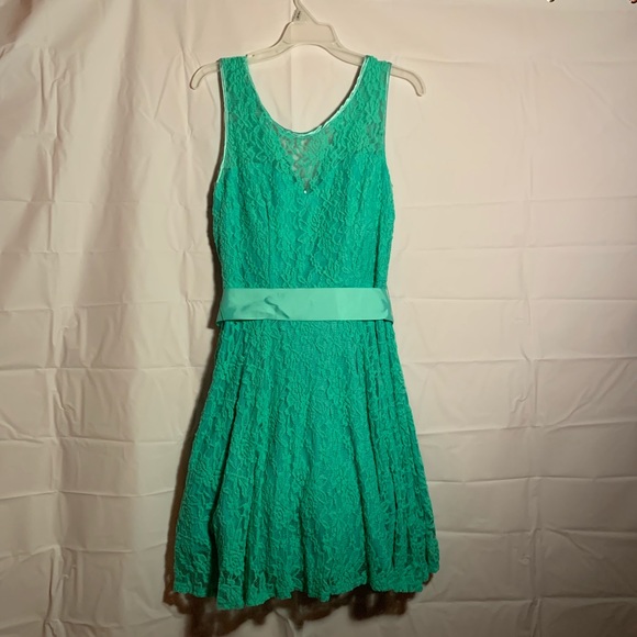 Mint Lace Short Dress with Tulle Lining Satin Bow - Picture 2 of 8